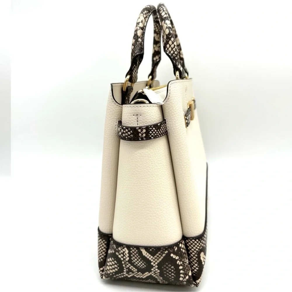 Michael Kors Large Reed Leather Belted Satchel Crossbody Bag Cream Snakeskin